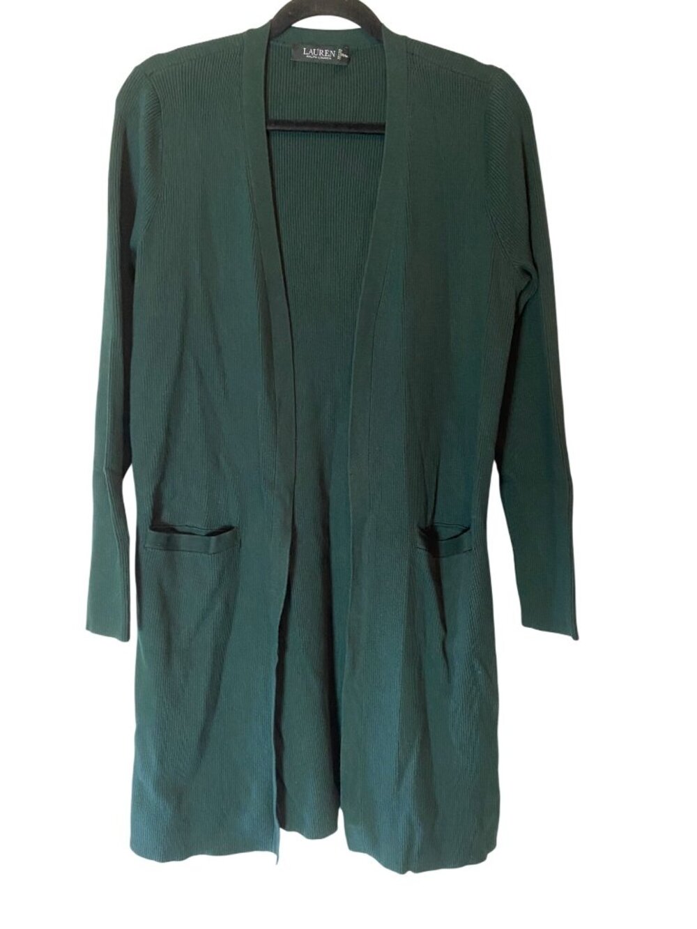 Ralph Lauren Open Front Long Green Ribbed Knit Cardigan Sweater Pockets Large